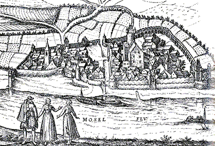 Kupferstich Franz Hogenberg Trier-Pfalzel Ende 16. Jahrhundert